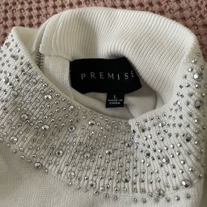 Premise white cream mock turtleneck sweater with sparkle beading